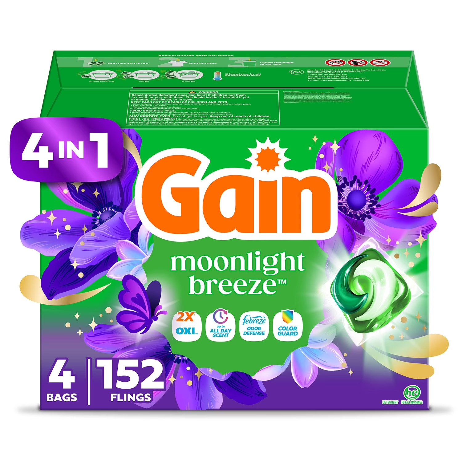 (2PACK) Gain Flings 4 in 1 Laundry Detergent Pacs, Moonlight Breeze, 152 ct