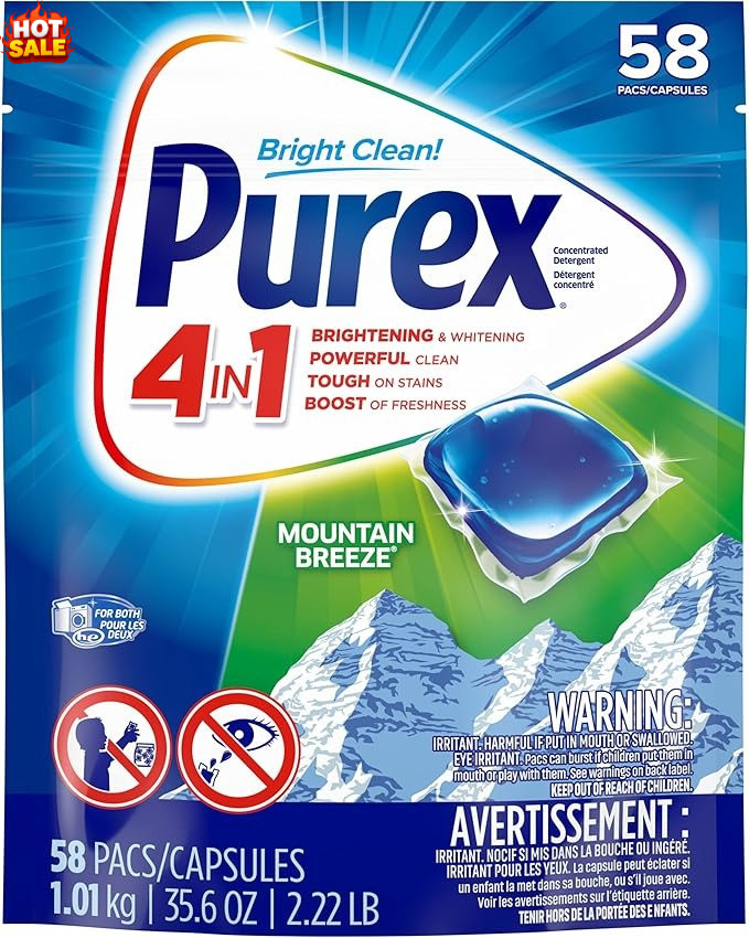 Purex 4-in-1 Laundry Detergent Pacs – Mountain Breeze, 58 Count New