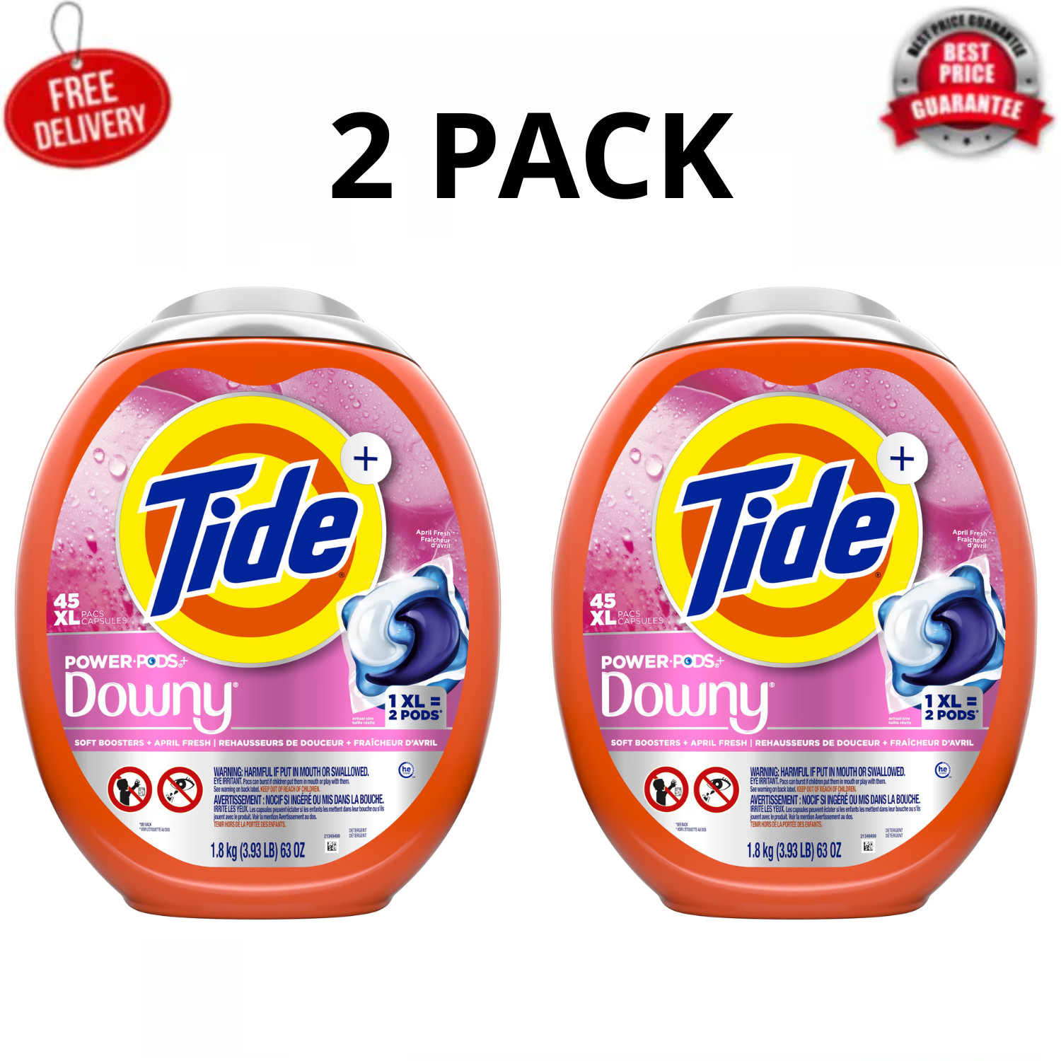Tide Power PODS with Downy April Fresh Laundry Detergent Pacs 45 Ct, 2 Pack