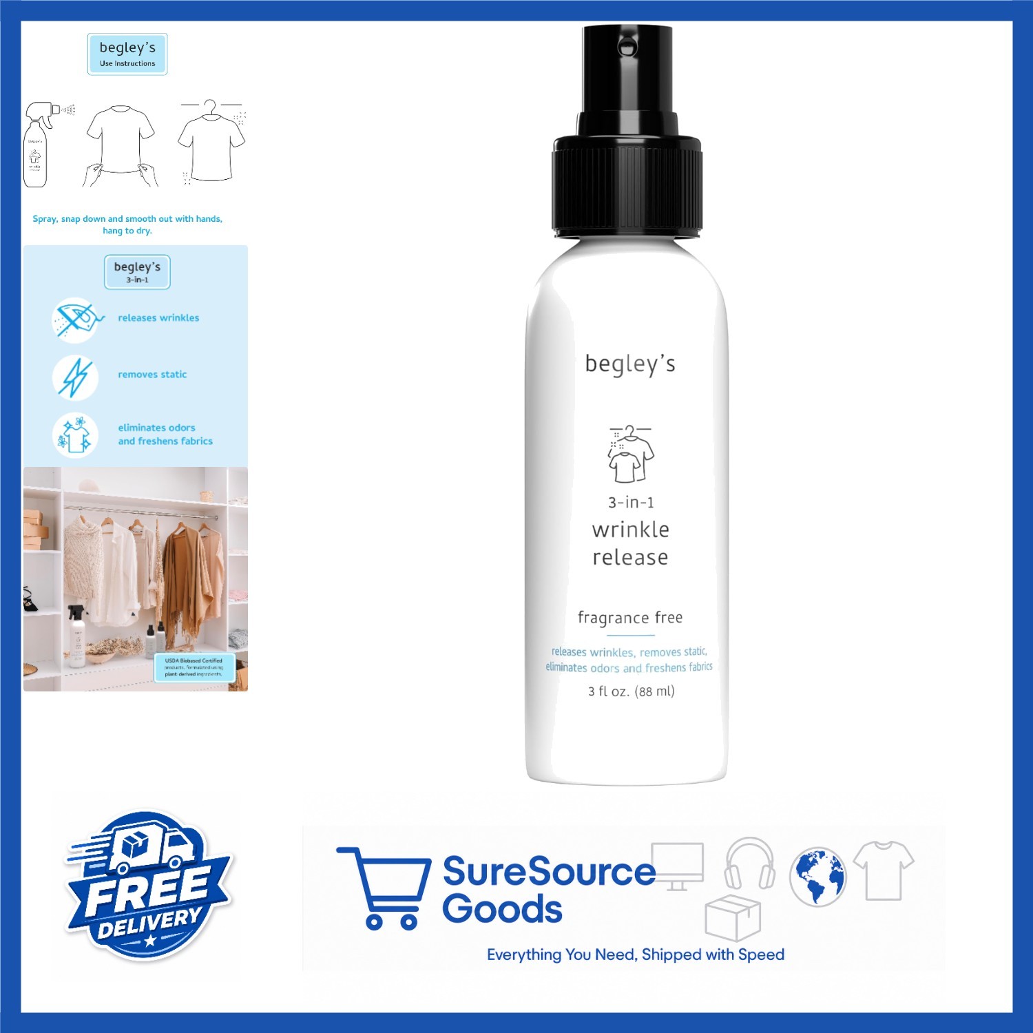 Quick Fix Wrinkle Release Spray 3 oz Travel Size Odor Eliminator Fragrance-Free