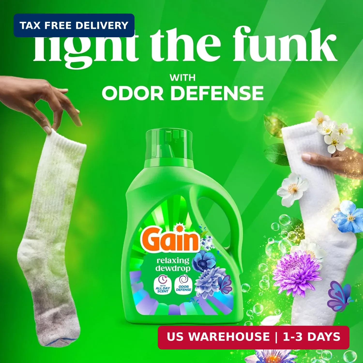 Gain Liquid Laundry Detergent, Now with Odor Defense, Relaxing Dewdrop Scent, 13