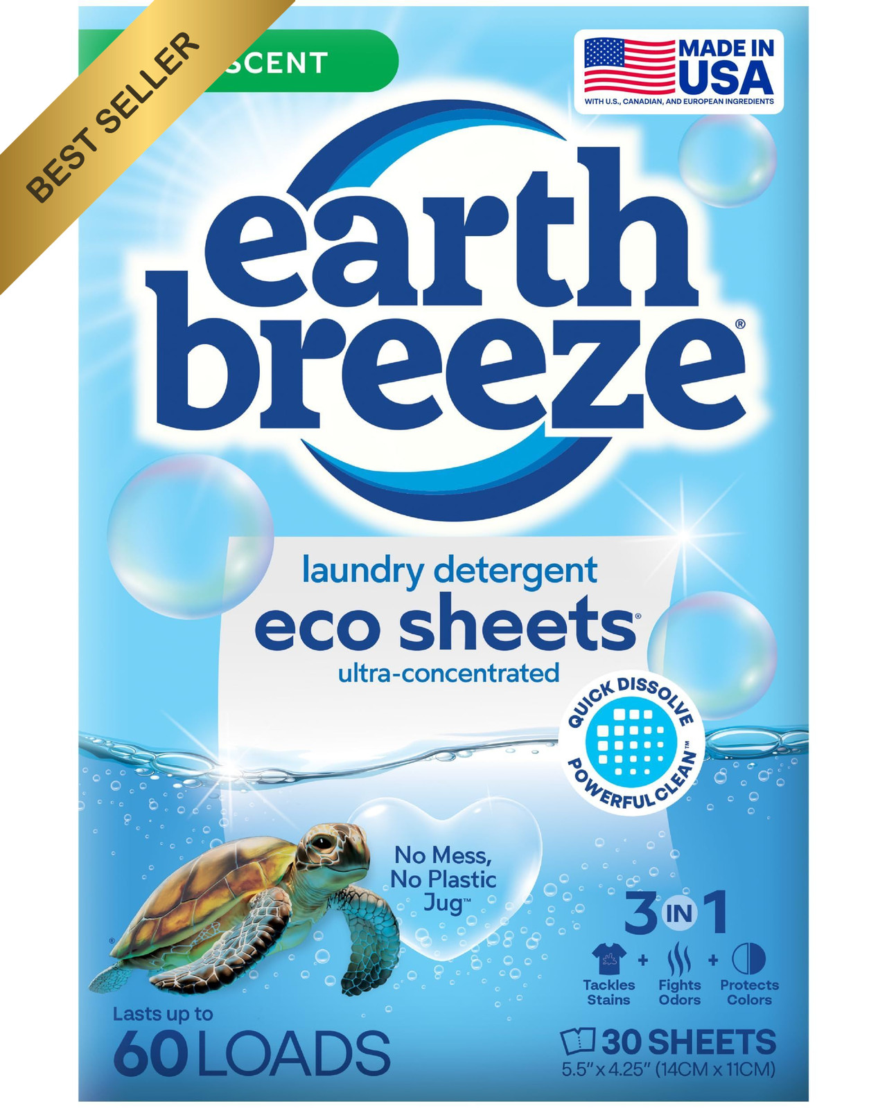 Earth Breeze Laundry Detergent Sheets Fresh Scent Eco Liquidless Soap 60 Loads