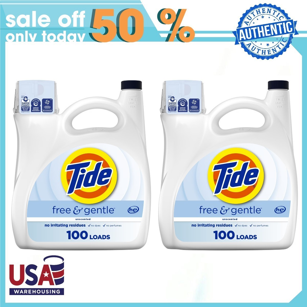 BIG SALE + FREE SHIP 2pk Tide Free and Gentle HE Laundry Detergent 100 Loads 132