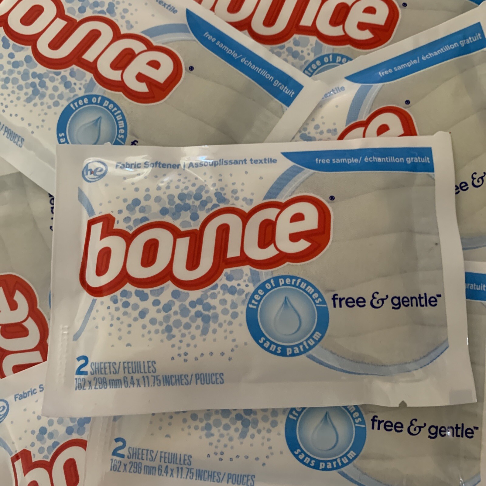 Lot of 20 Bounce Free & Gentle Fabric Softener 2-sheets per pack Travel Size