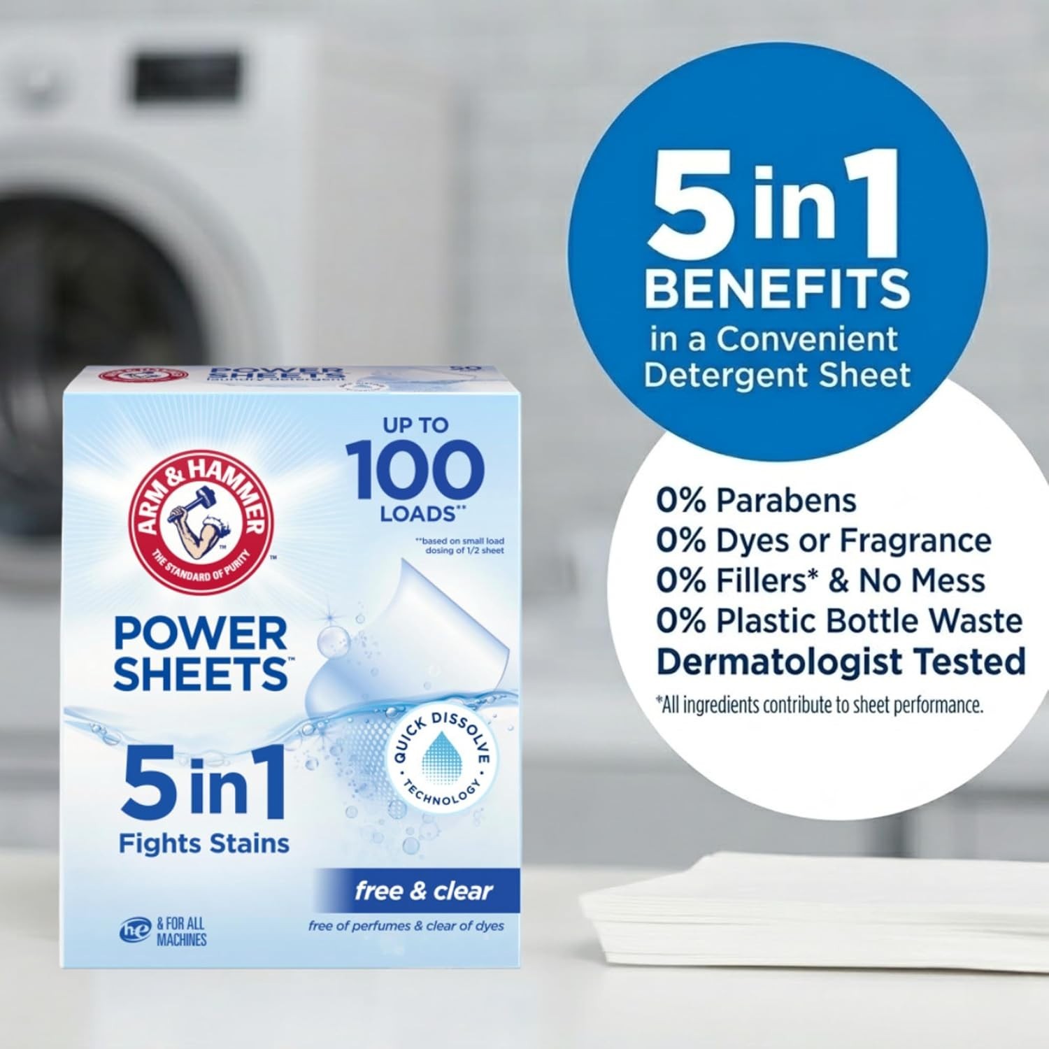 5-in-1 Laundry Detergent Sheets Fragrance Free 50 Count Up to 100 Loads