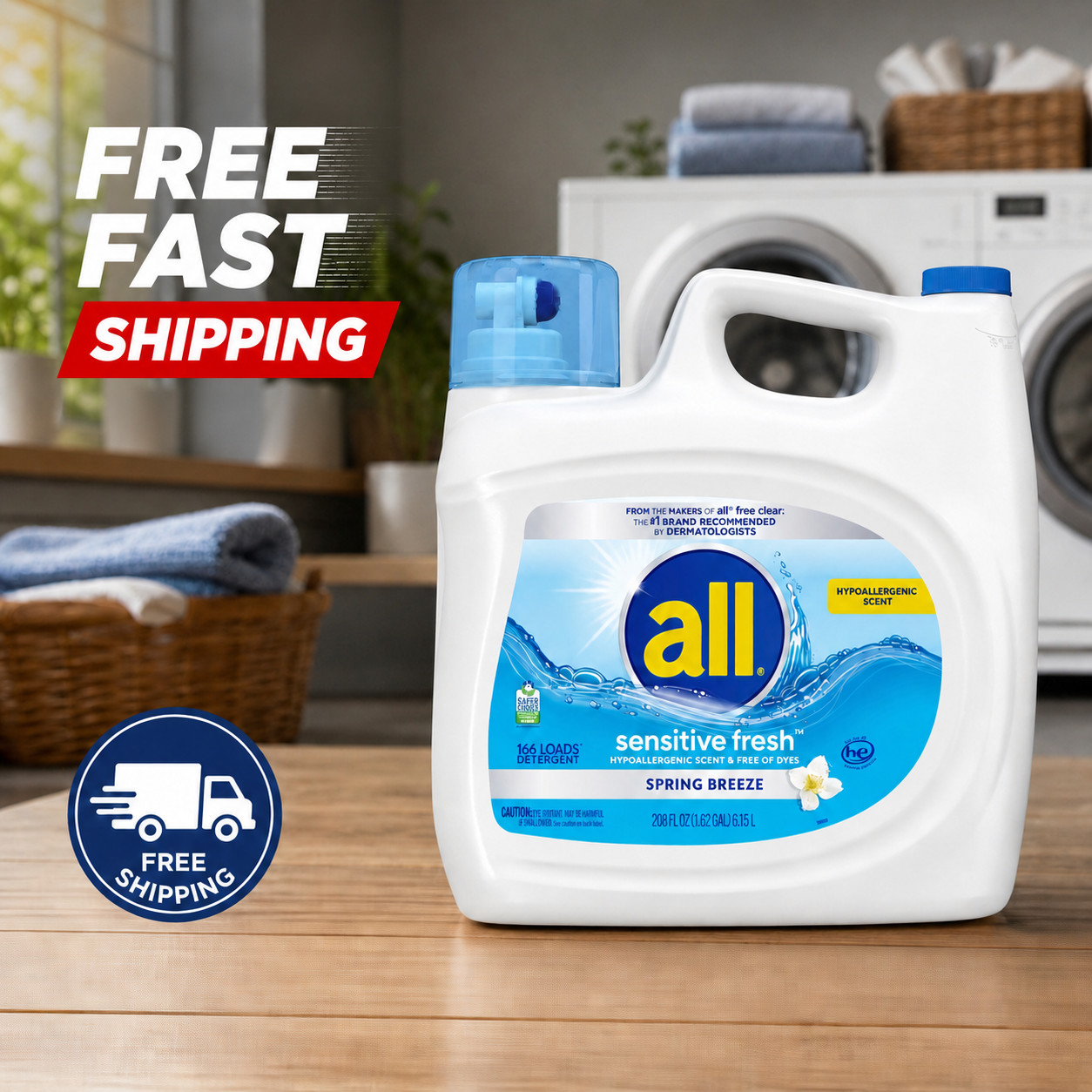 All Sensitive Fresh Liquid Laundry Detergent 208 fl oz 166 Loads Hypoallergenic