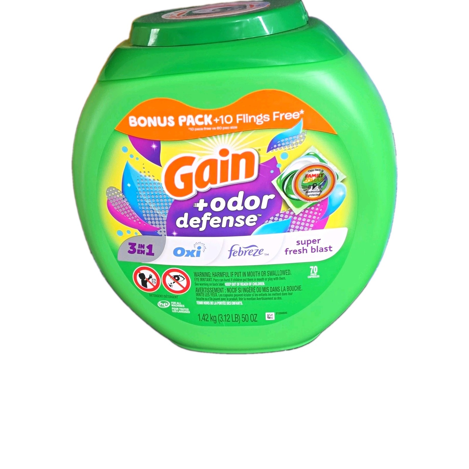 Gain Odor Defense 3 in 1 Oxi + Febreze Detergent Pacs, Super Fresh 70 HE