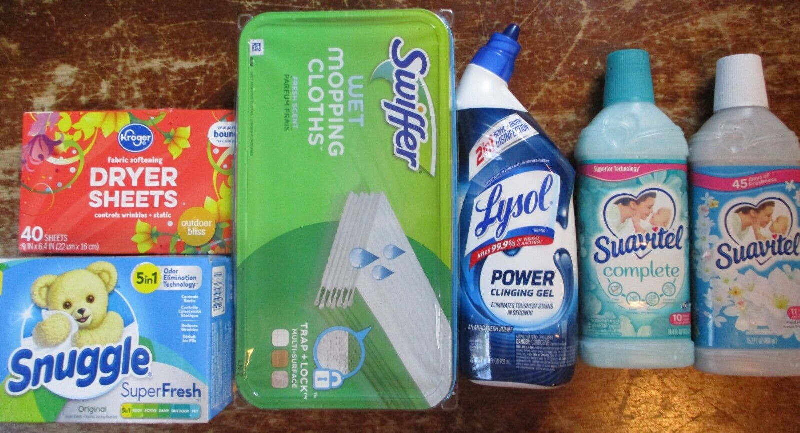 LOT of 7 cleaning/laundry products (Swiffer, Lysol, Snuggle, Suavitel, Kroger…