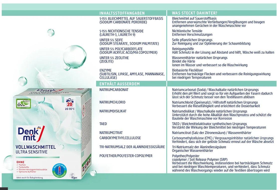 10 x 1,35kg Denkmit Full detergent powder Ultra Sensitive, 20 Wl