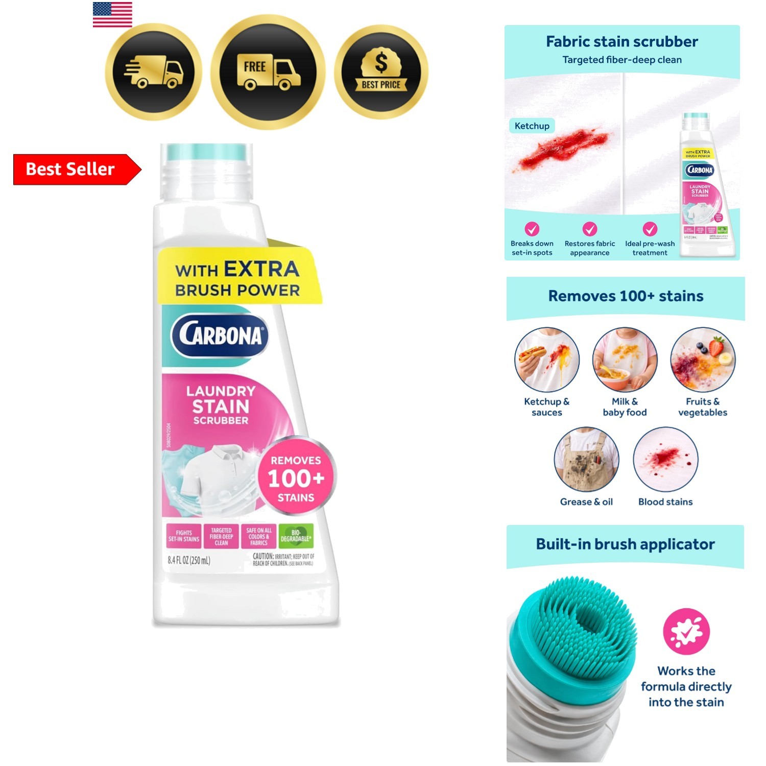 Laundry Stain Scrubber & Remover 8.4 Fl Oz, Extra-Strength -Enzyme Formula, B…