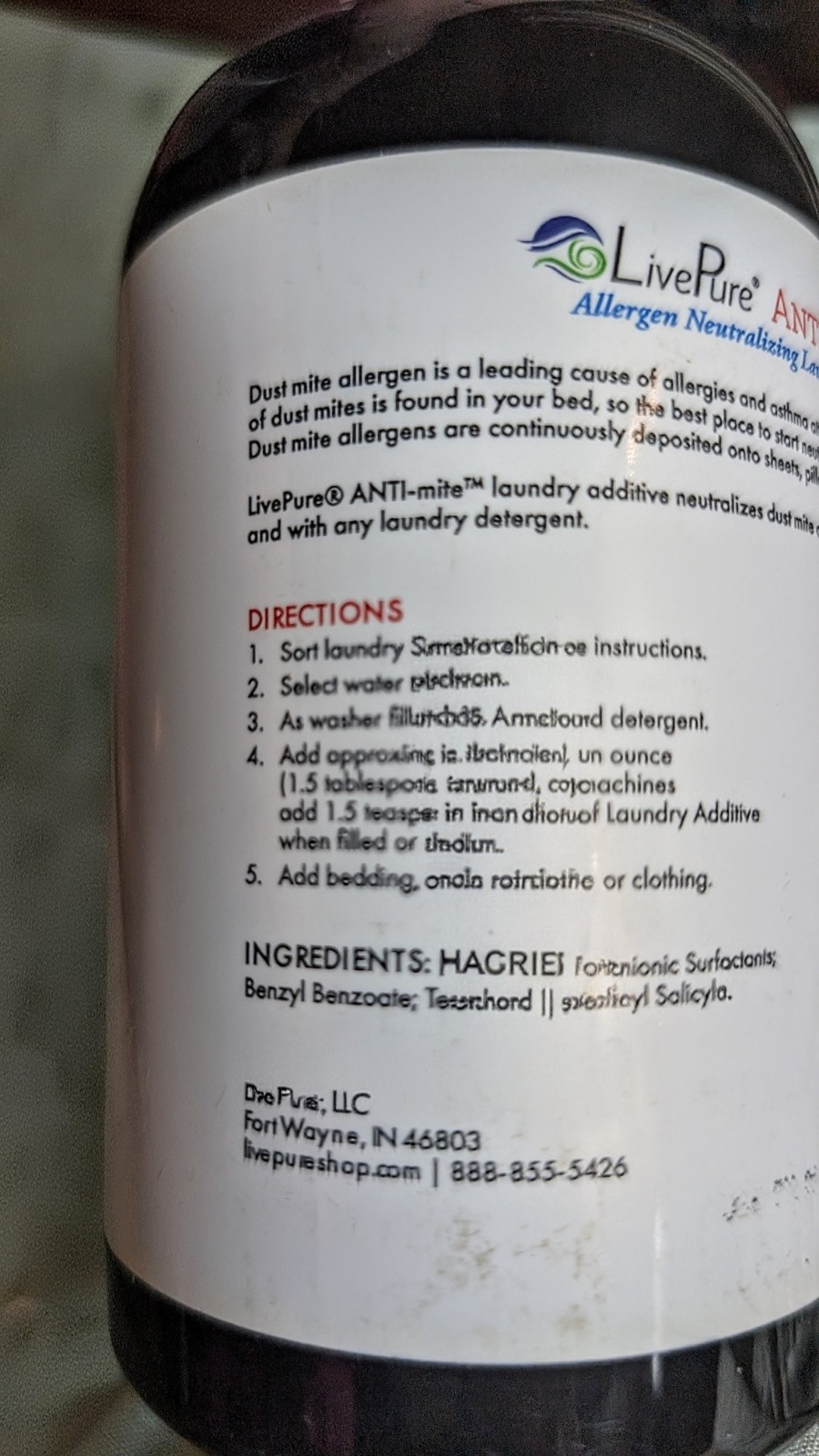 Live Pure Anti-Mite Laundry Additive. 12oz. New In Box