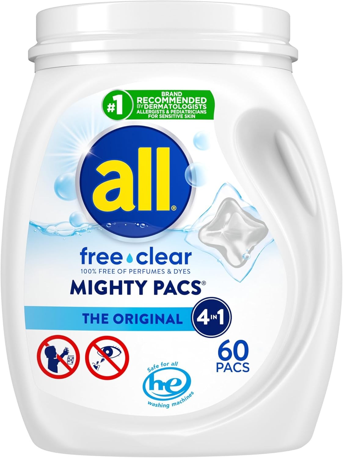 All Mighty Pacs Laundry Detergent, Free Clear for Sensitive Skin, Tub, 60…