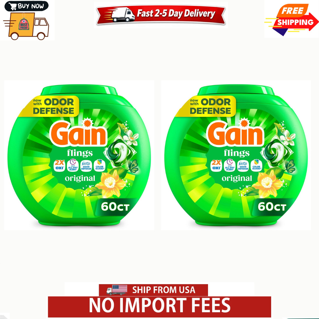 2 Pack Gain Flings 3-in-1 Oxi + Febreze Laundry Detergent, Original Scent, 60 ct