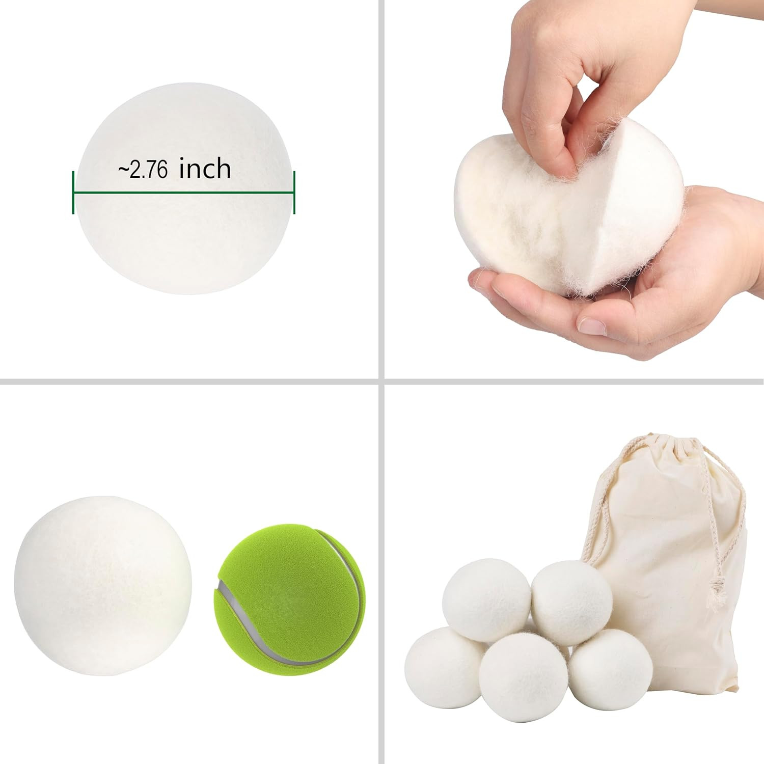 Wool Dryer Balls, Full-Size(Dia.~2.76 In), Reduces Drying Time, Reusable and Che