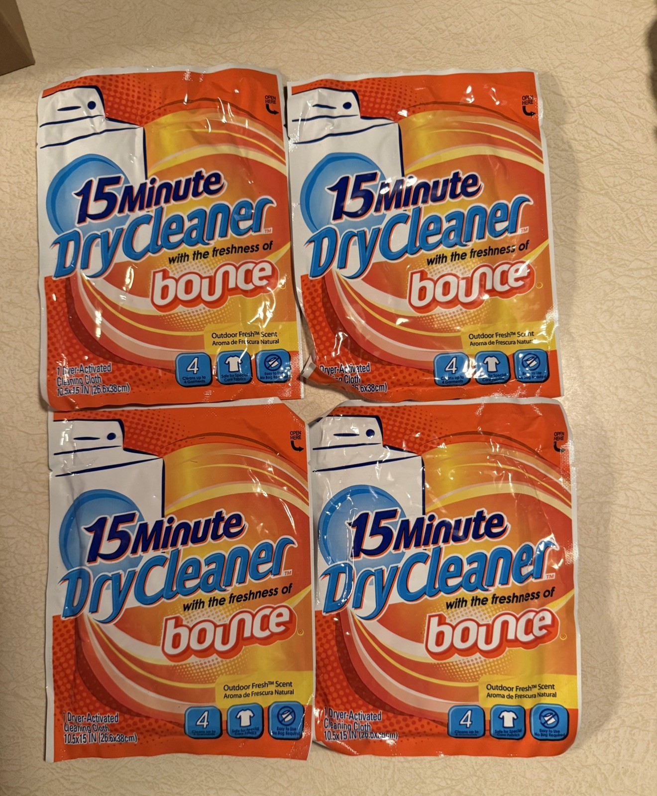15 Minute Dry Cleaner w/ Bounce Outdoor Fresh Scent Dryer Activated Cloths x4