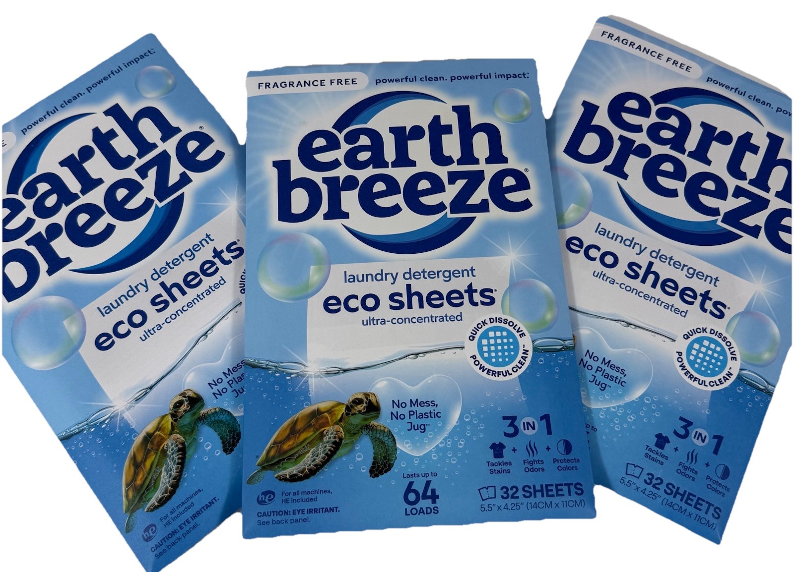 Earth Breeze Laundry Detergent Sheets Fragrance-Free 192 Loads 3×64 Lot 3