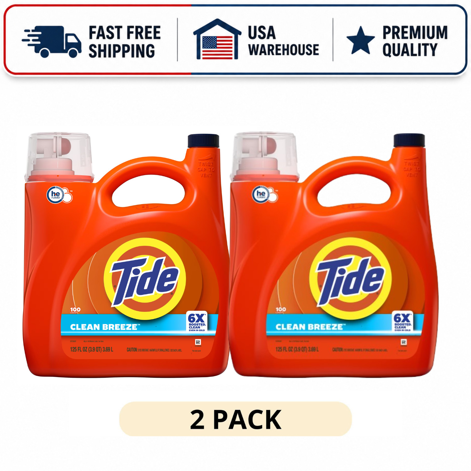 2Pk Tide Laundry Detergent Liquid 6X Boosted Cleaning Power, 125 fl oz, 100Loads