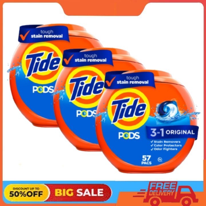3 Pack Tide PODS Laundry Detergent Soap Pacs, Original Scent, 57 Count