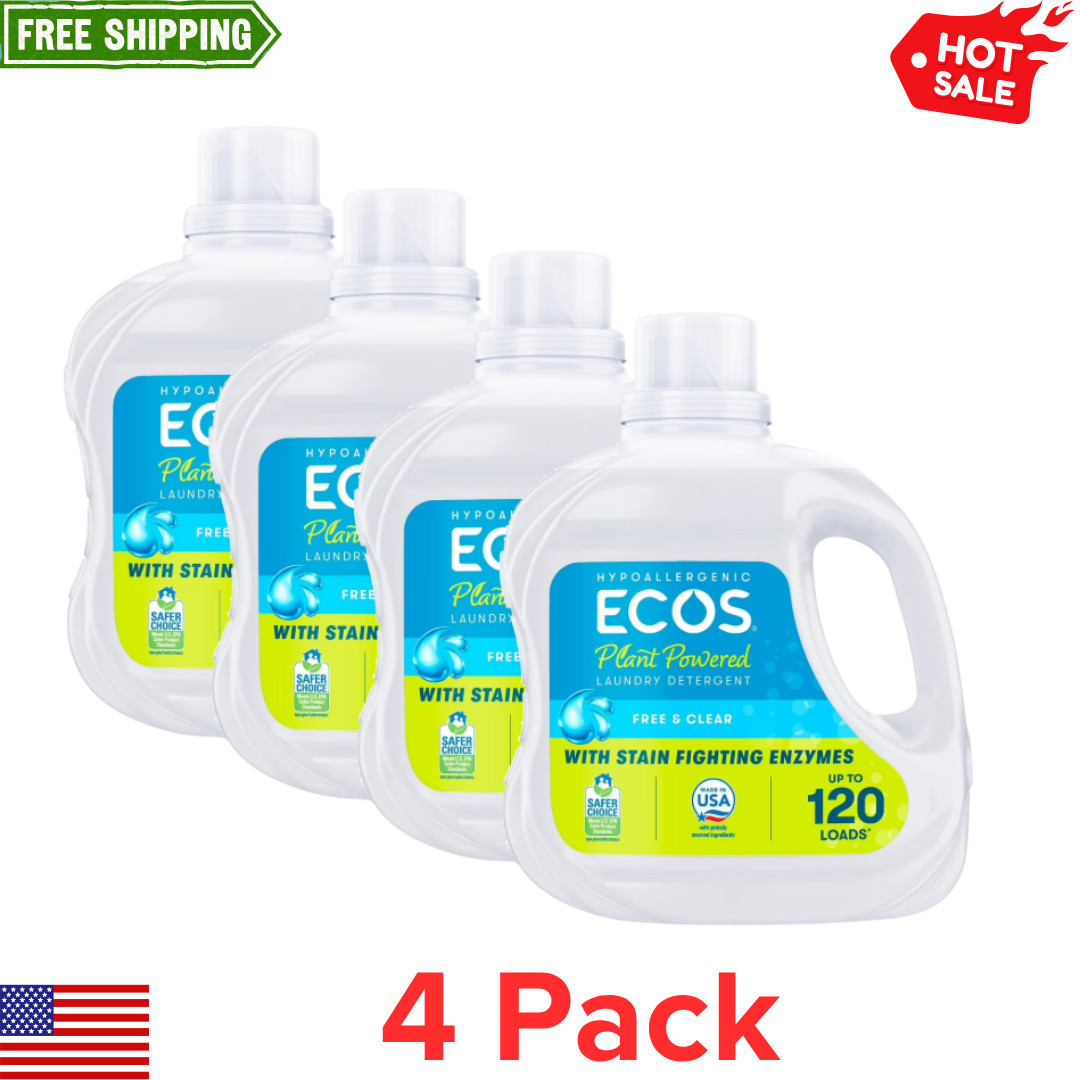 (4 pack) ECOS Hypoallergenic for Sensitive Skin, Free & Clear 120 Loads 110oz