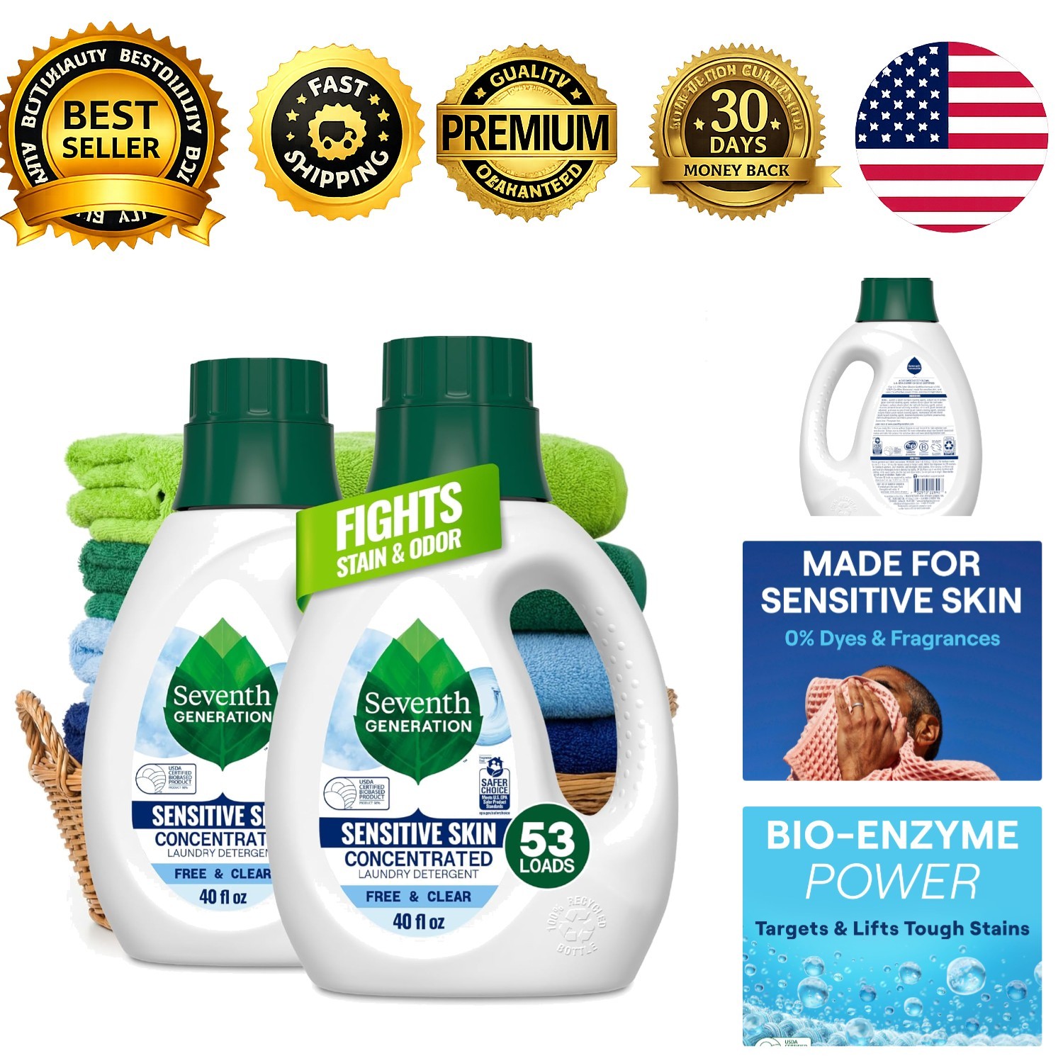 Seventh Generation Concentrated Free & Clear Laundry Detergent, 40 oz, Pack o…