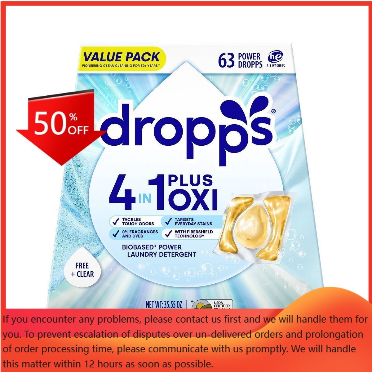 Dropps Unscented Free &Clear 4-in-1 Plus Oxi Power Biobased Pods 63 Pacs-35.55oz