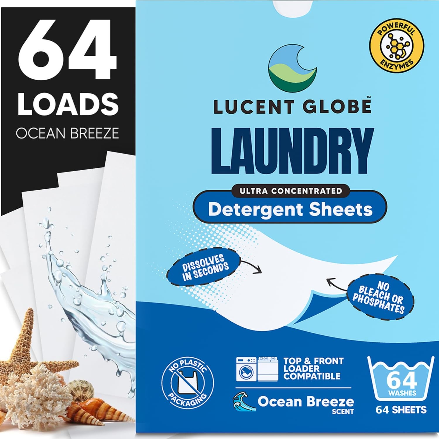 Lucent Globe Laundry Detergent Sheets. Pre-Measured 1 Pack – 64 Washes, Blue