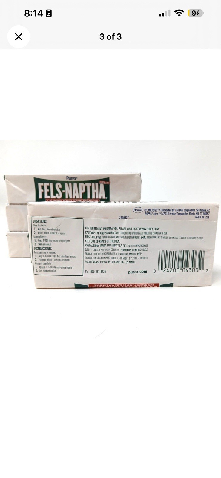 4 pack Purex Fels-Naptha Laundry Bar Stain Remover 5oz Stain Pre-Treater Booster