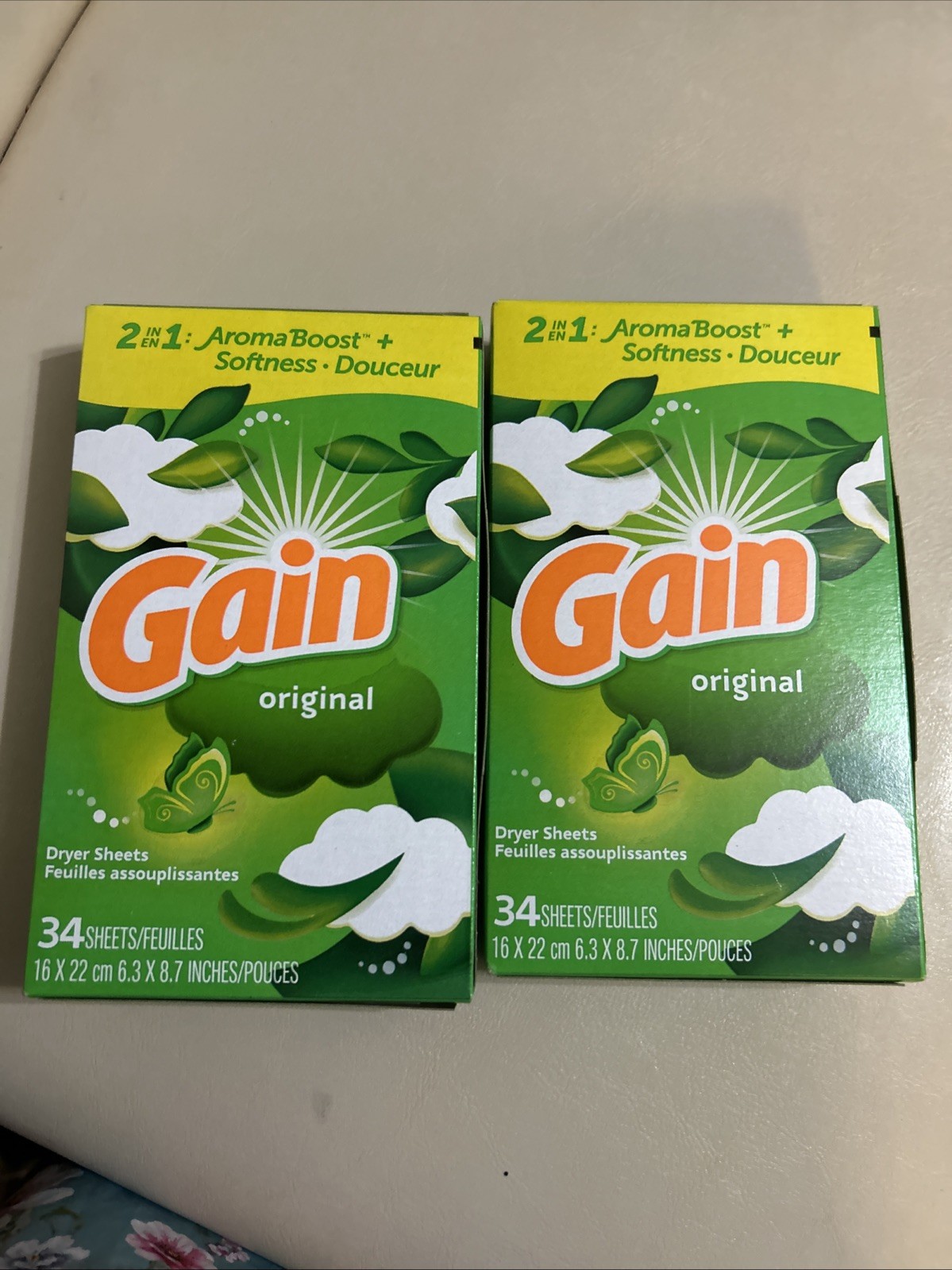 Gain ORIGINAL Dryer Sheets Laundry Fabric Softener Static Control 34ct Pack Of 2