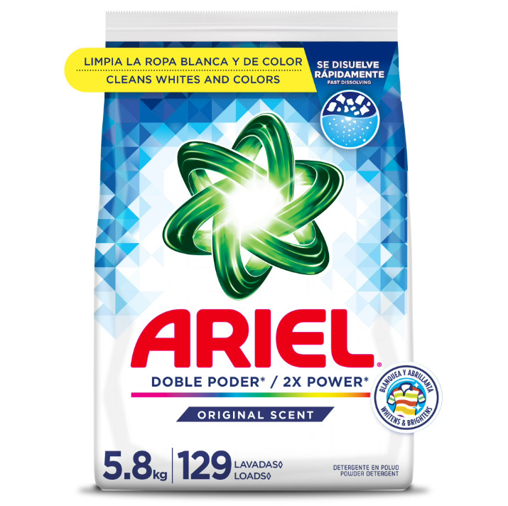 3 Bag Ariel Laundry Detergent Powder, Original Scent, 5.8 kg, 129 Loads/ Bag