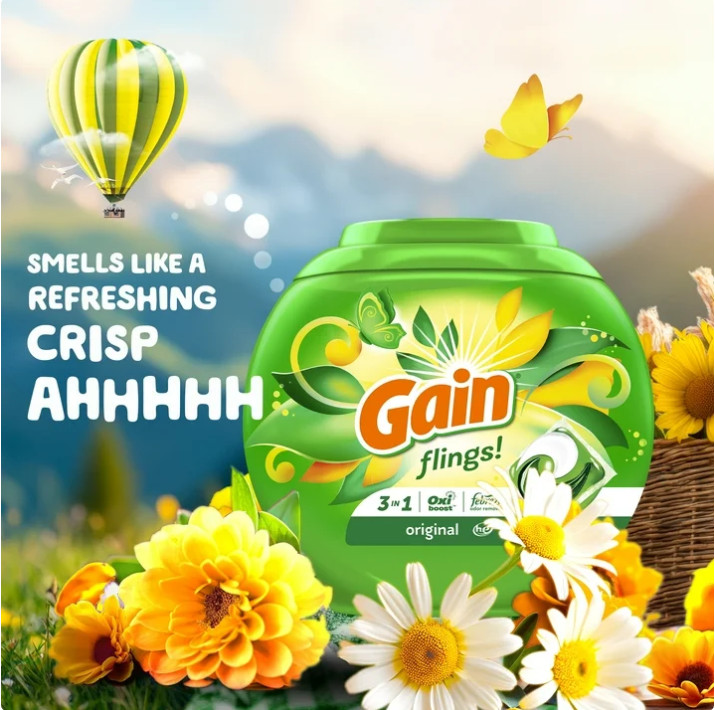 3 Pack Gain Fling Oxi Boost&Febreze Laundry Detergent Pac,Original Scent,60Ct Pk