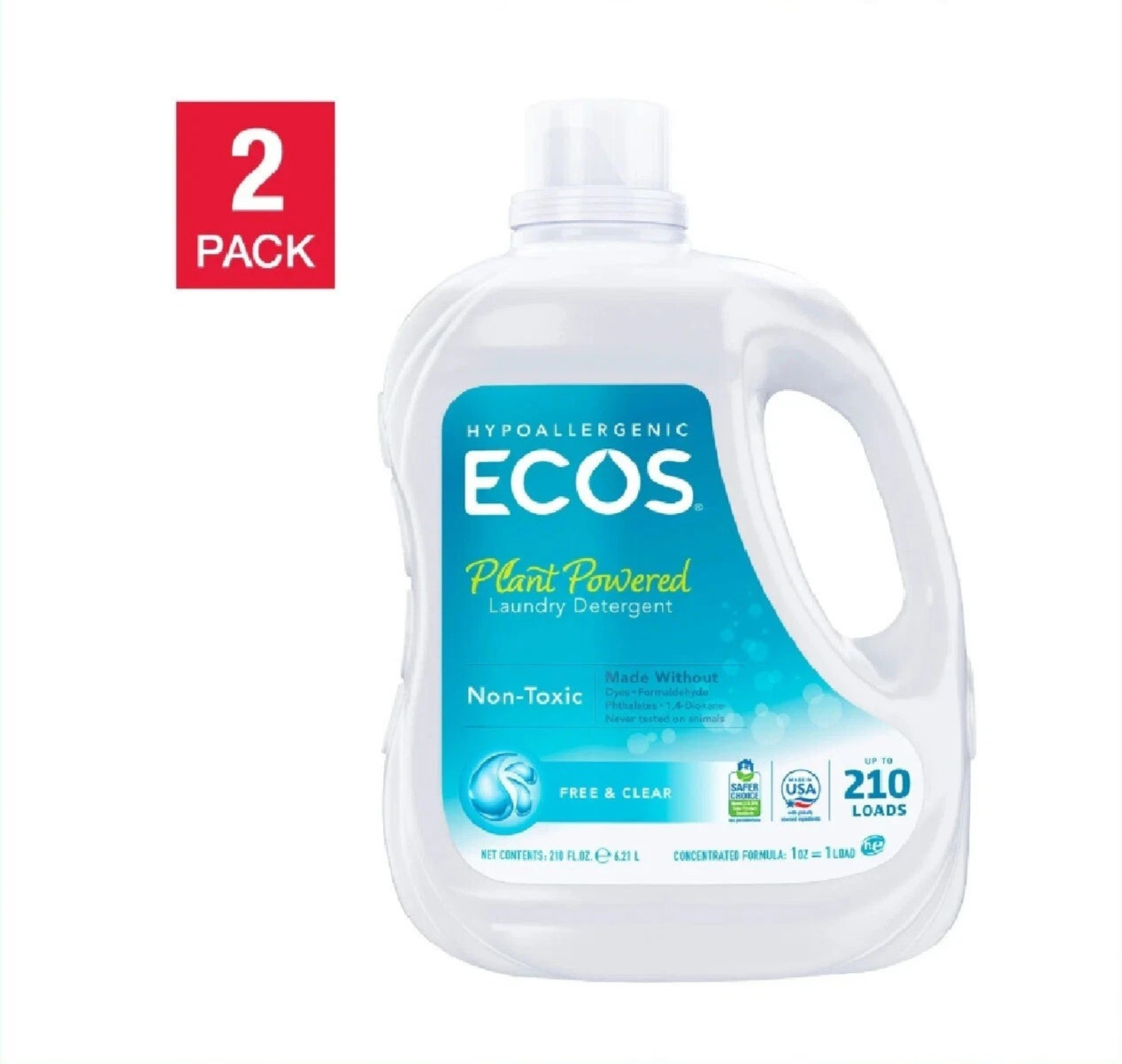 ECOS Liquid Laundry Detergent Free & Clear 210 Loads/210 fl oz x 2 Count HE Safe