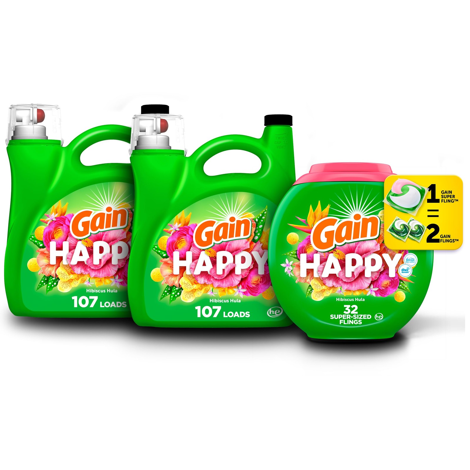 Gain Laundry Detergent Bundle: Liquid Happy 154 oz & Flings 32 Count HE Compatib