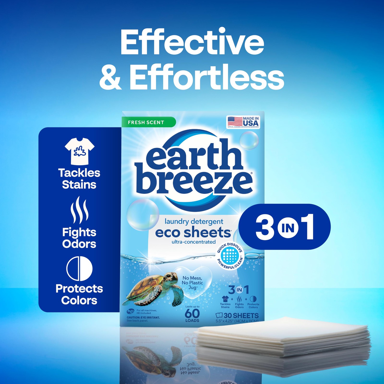 Earth Breeze Laundry Detergent Sheets Fresh 60 Loads/30 Count (Pack of 1)