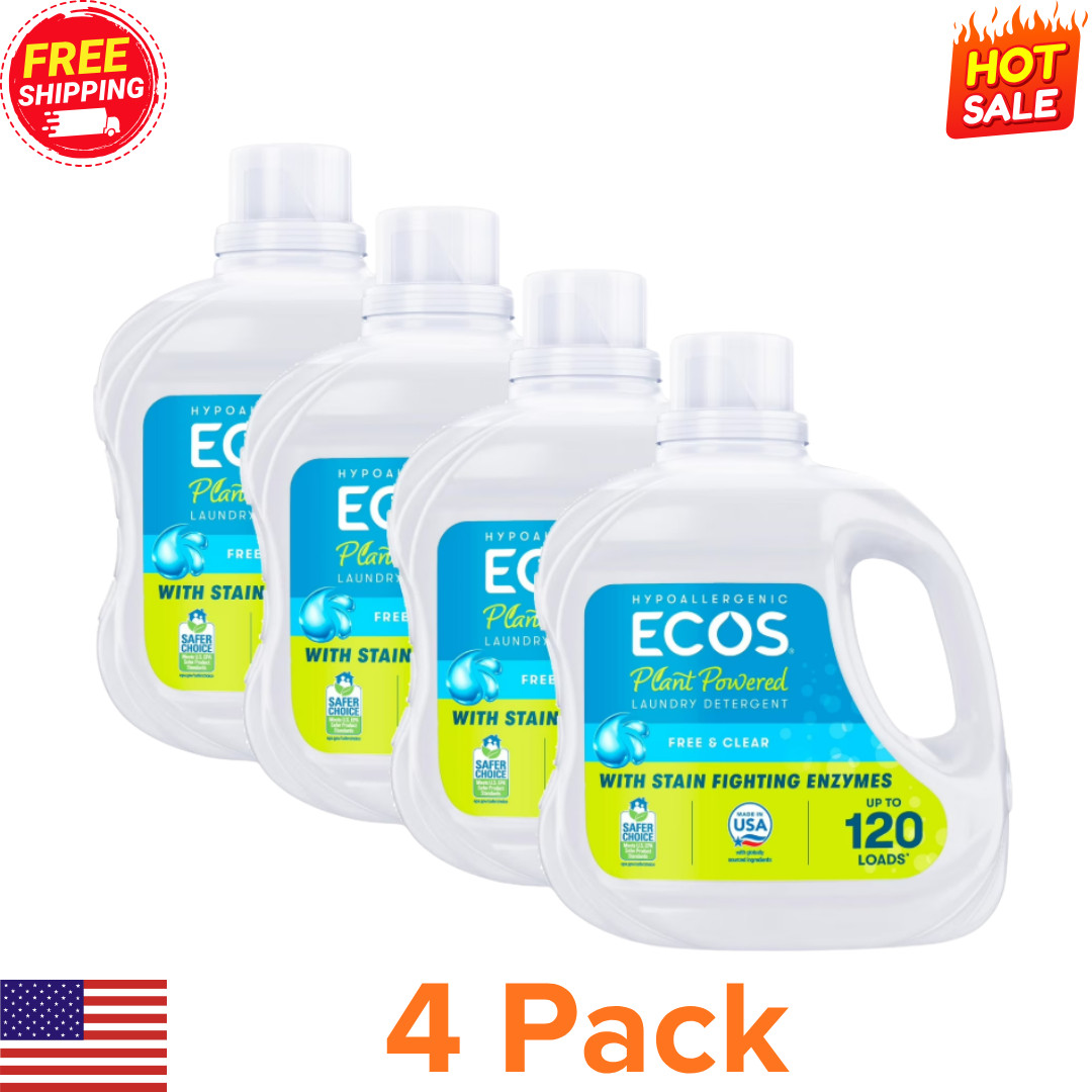 (4 pack) ECOS Hypoallergenic for Sensitive Skin, Free & Clear 120 Loads 110 oz