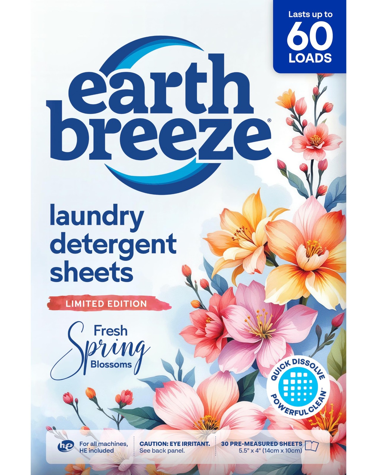Earth Breeze Laundry Detergent Sheets Fresh Spring Blossoms 60 Loads