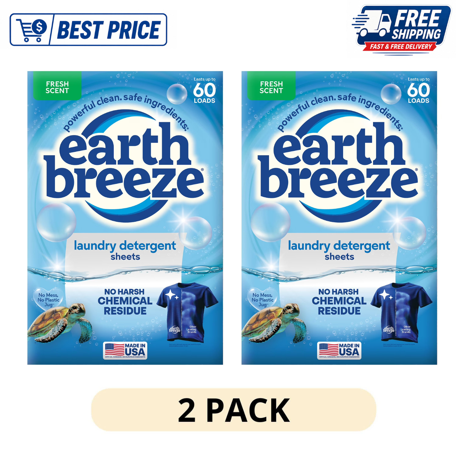 2 Pack Earth Breeze Laundry Detergent Sheets Fresh Scent 60 Loads Hypoaller