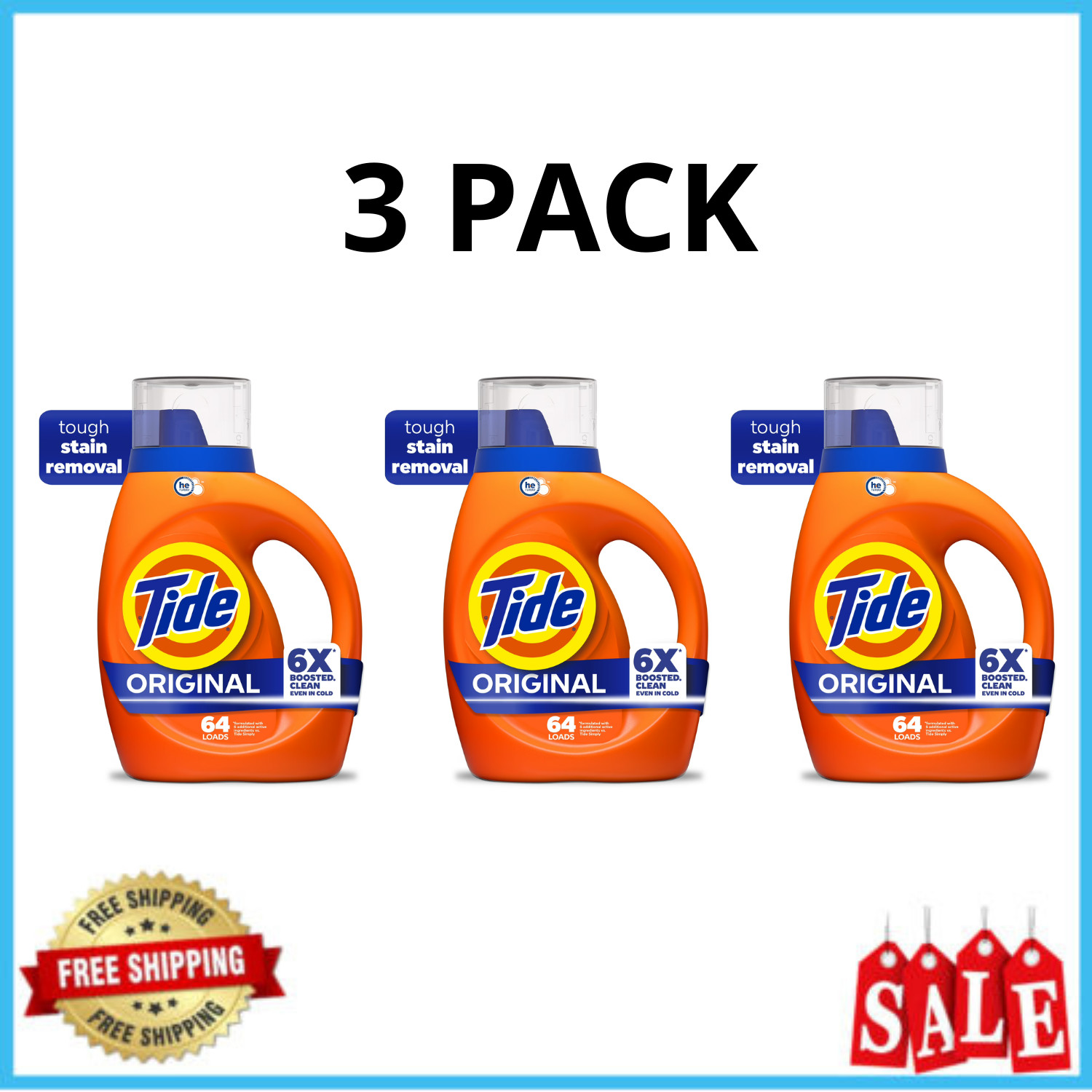 Tide Original Liquid Laundry Detergent 80 fl oz 64 Loads HE Compatible, 3 Pack