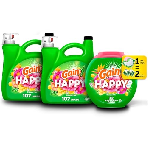 Gain Laundry Detergent Bundle: Liquid Happy 154 oz & Flings 32 Count HE Compatib