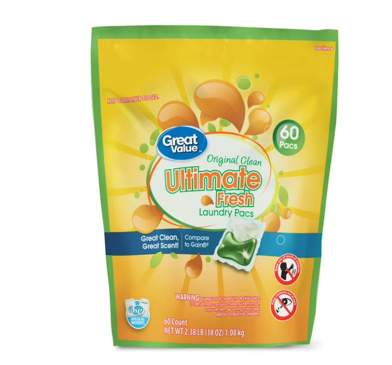 Great Value Laundry Detergent Pacs Original Clean 60 Ct (4 Pack)