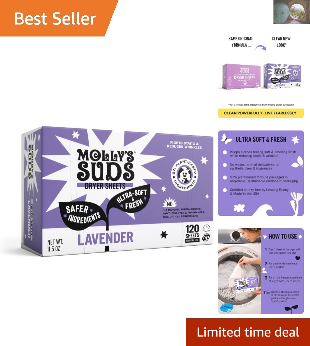 Cruelty-Free Lavender Dryer Sheets – 120 Count for Soft, Static-Free Laundry