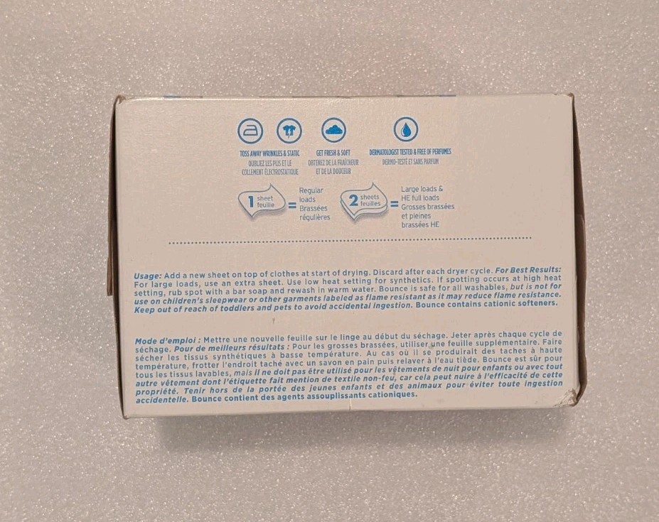 New! Bounce Free & Gentle dryer sheets 250 count box, no perfume, Derm tested