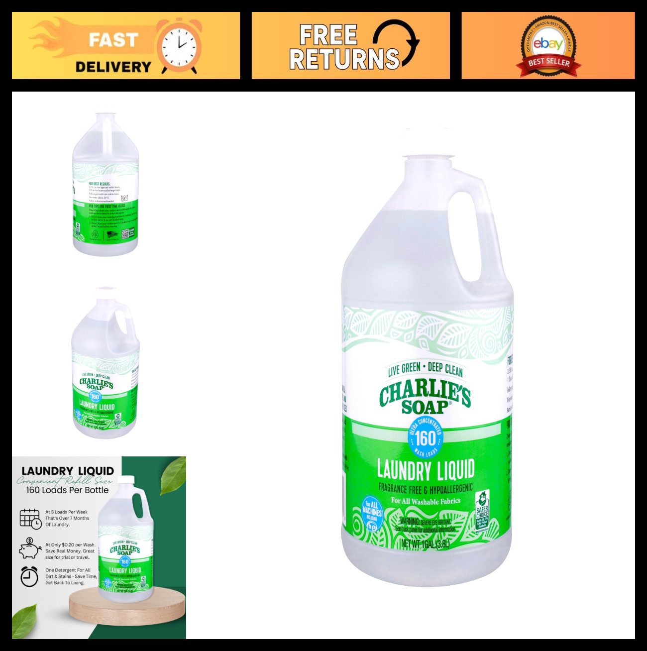 Fragrance-Free Laundry Liquid – 1 Gallon, 160 Loads, Eco-Friendly Detergent