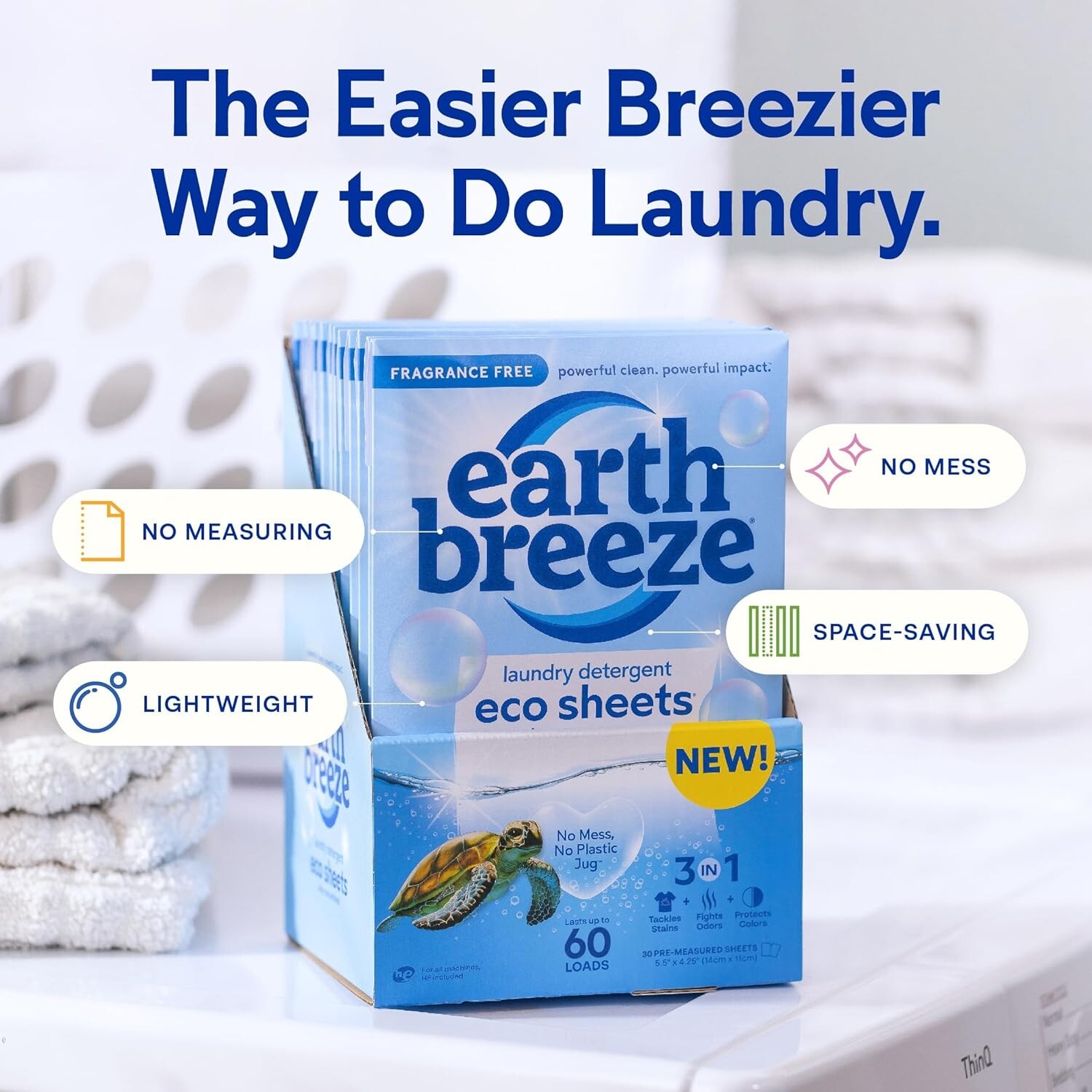 Earth Breeze Laundry Detergent 30-Eco Sheets Fragrance Free Up to 60 Loads – New