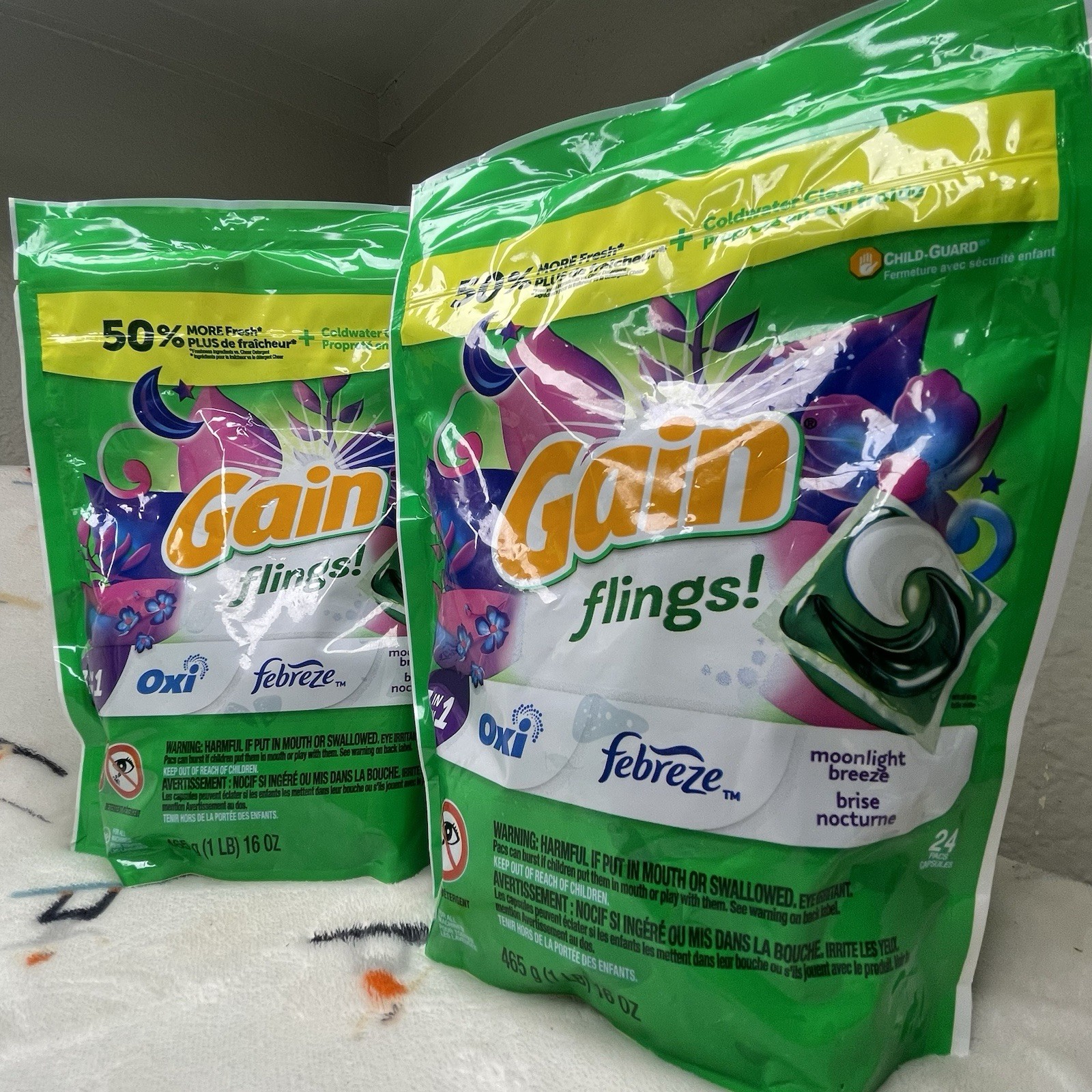 (7-PIECE) Gain + Febreeze Flings 76/cnt Laundry Bundle • Scent: Moonlight Breeze