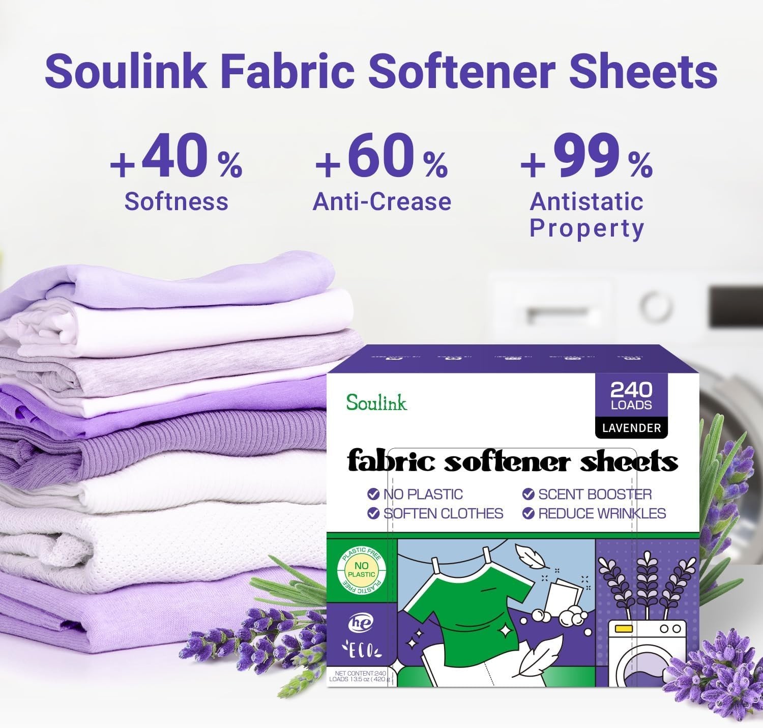 Travel-Friendly Lavender Fabric Softener Sheets – 240 Loads, Safe and Effective