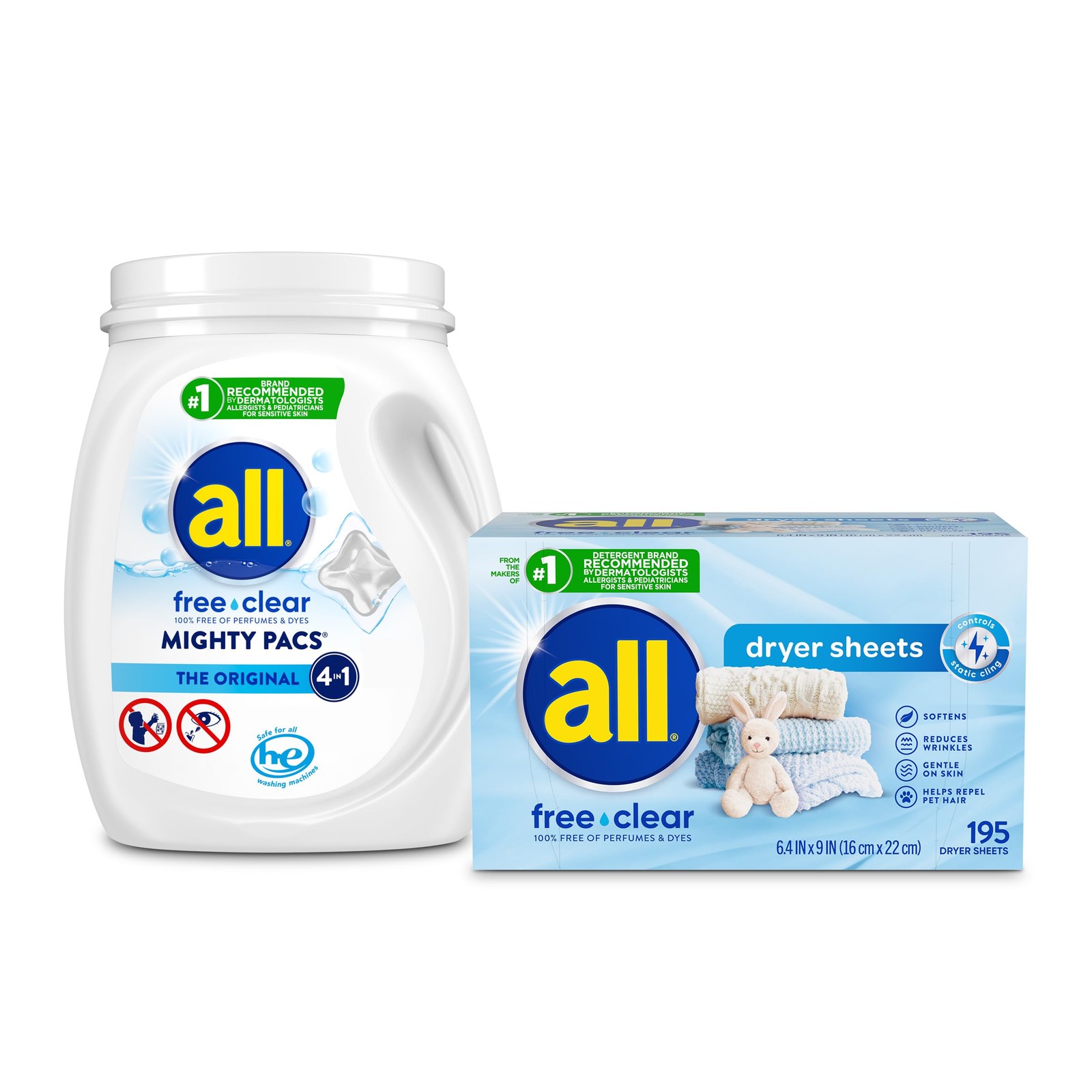 Bundle of All Mighty Pacs Laundry Detergent, Free Clear 60 Count + 195