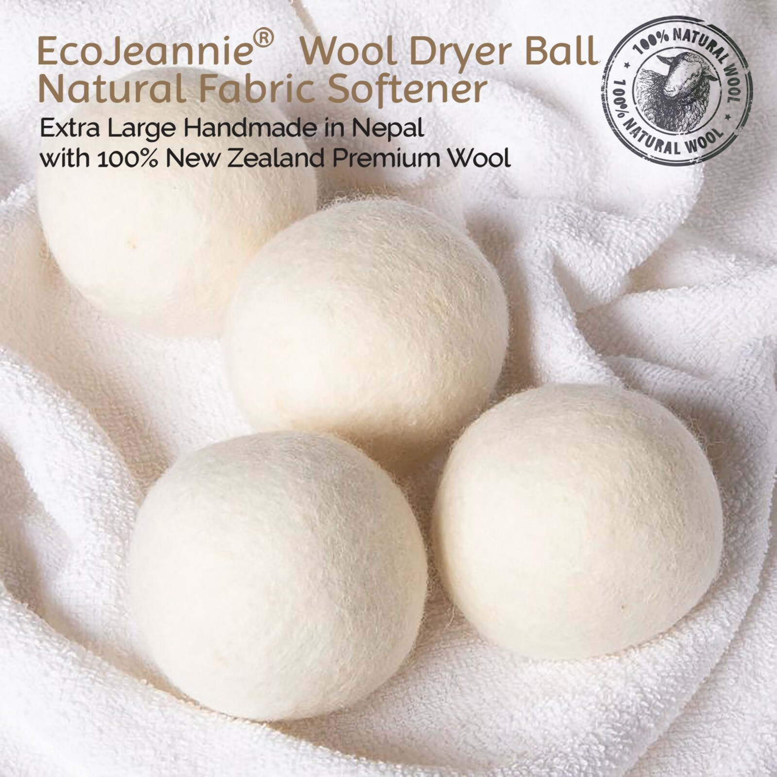 EcoJeannie Wool Dryer Balls- 100% Virgin New Zealand Wool, XL, 8 Pack