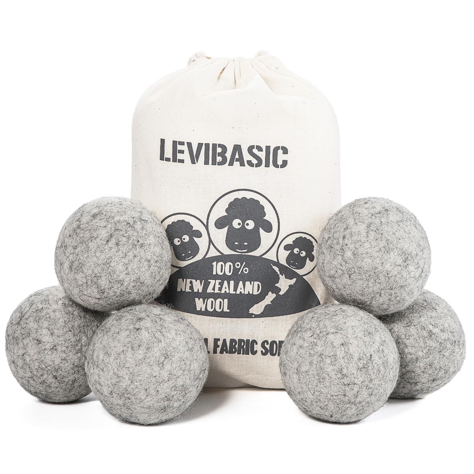 Wool Dryer Balls Dark Grey XL 6-Pack, 100% New Zealand Organic Fabric Softener f