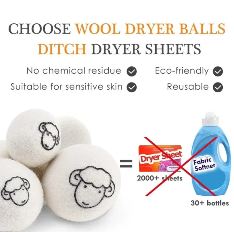 6pcs Natural Wool Dryer Balls Eco-Friendly Fabric Softener Reusable Set – NEW