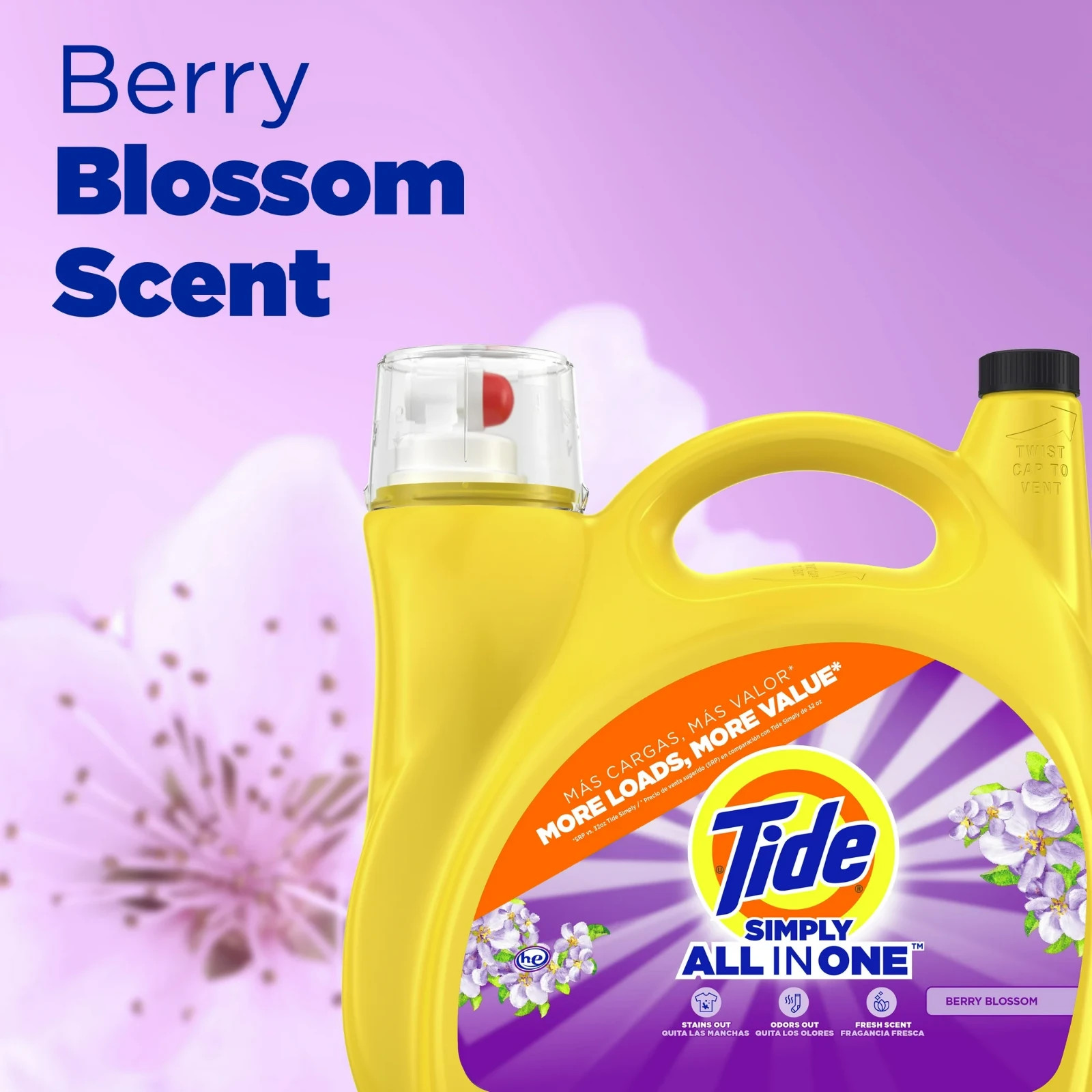 3P Tide Simply All-in-One Liquid Laundry Detergent, Berry Blossom Scent 138Loads